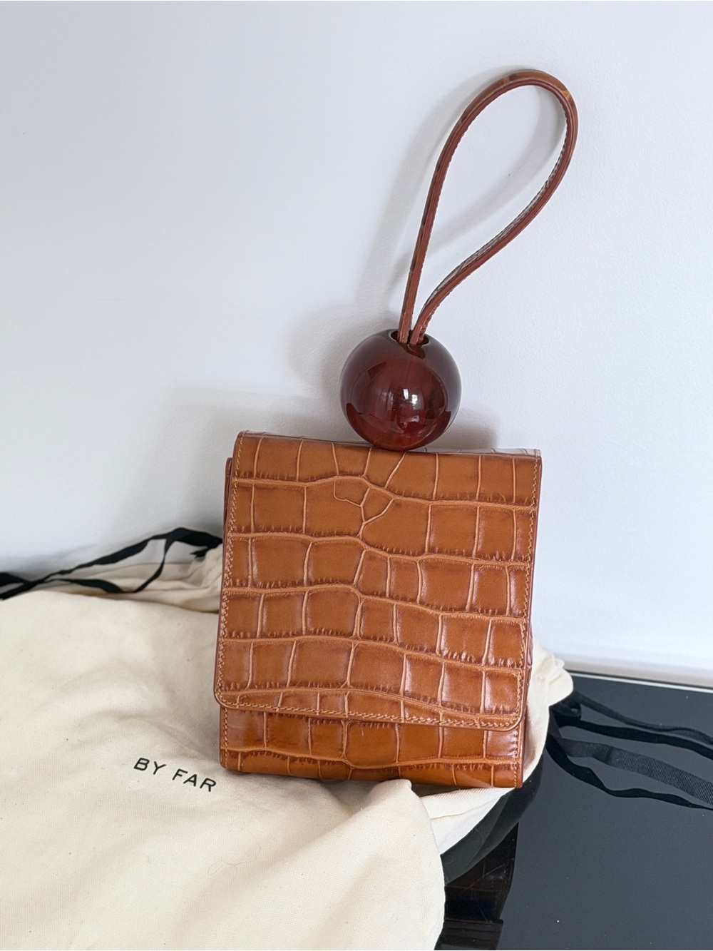 BY FAR Tan Croc-Embossed Wristlet with Deep Cherry Accent - Picture 2 of 10